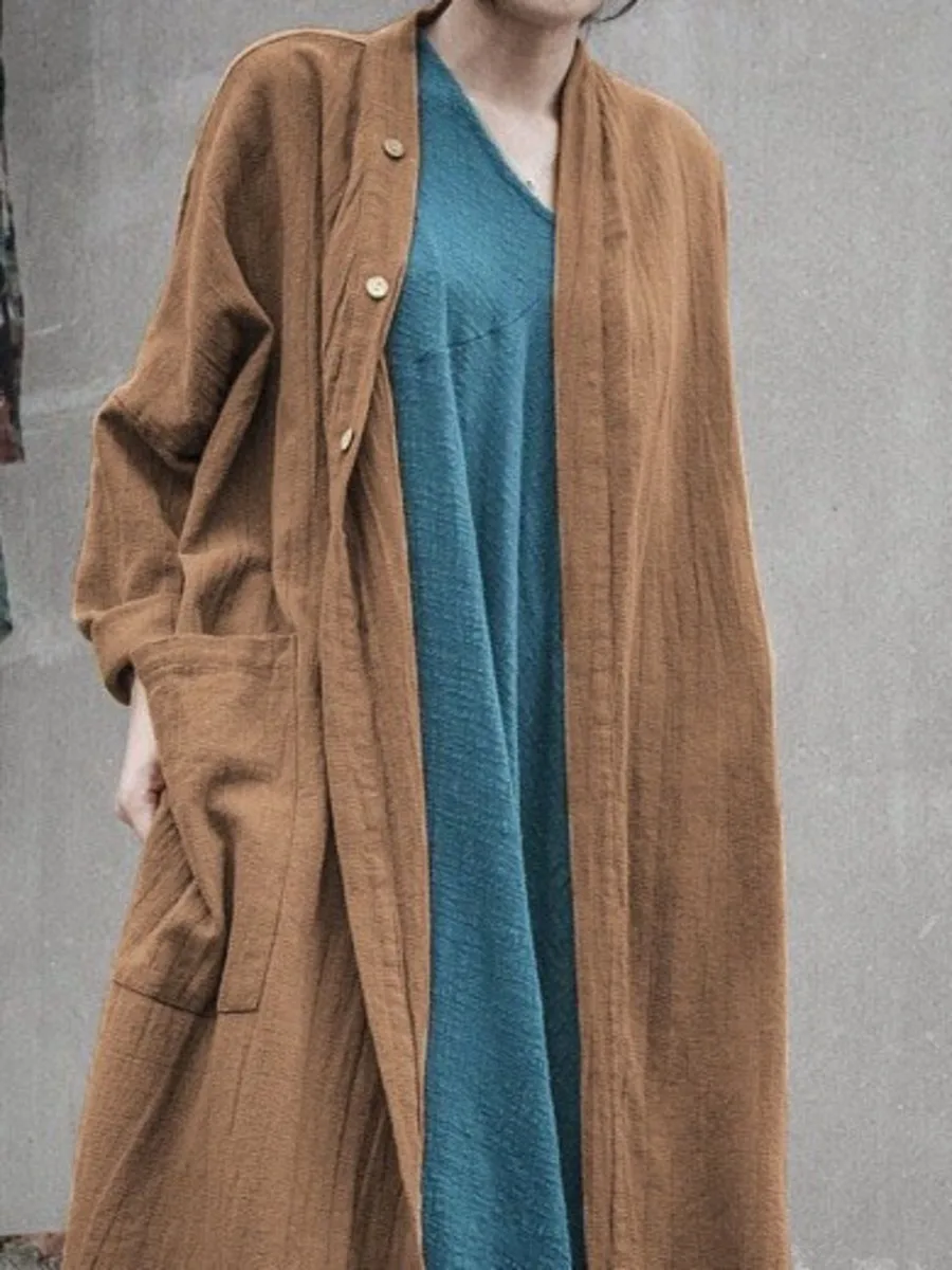 Pure Cotton Cardigan Jacket Oversized Loose Spring Autumn Trench Coats Pocket Outerwear Vintage Long Coat Female 2024 Topcoat