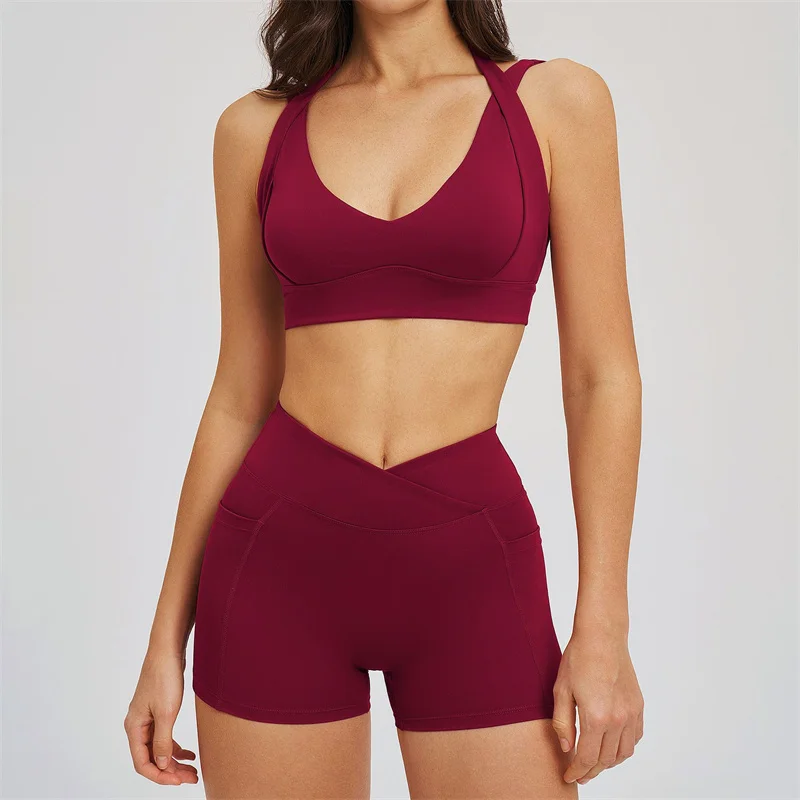 

TRY TO BN Women's Tracksuit Shorts Sports Gym Set Halter Neck Fitness Cross Waisted Short Running Two Pieces Suits Yoga Clothing