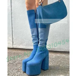 Paneled Denim Platform High Boots Women Bicolor Style Block High Heel Shoes Cool Girl's Streetwear All-match Side-zip Long Boots