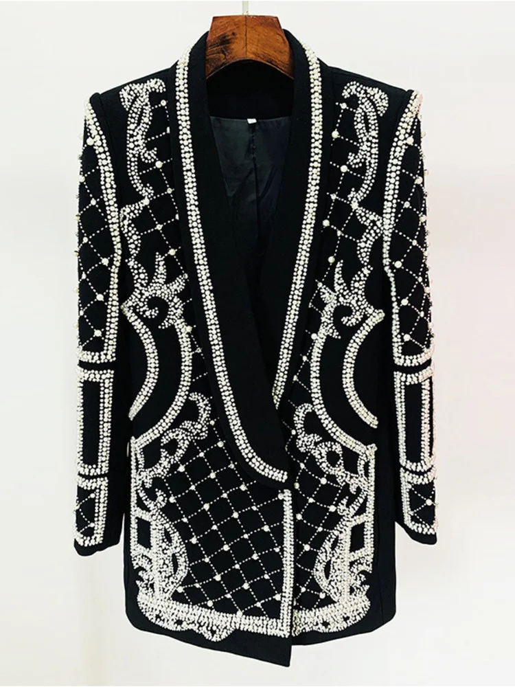 DEAT Fashion Women\'s Blazer Shawl Collar Hidden Breasted Handmade Pearl Beaded Long Sleeve Suit Jackets Autumn 2024 New 17A4050H