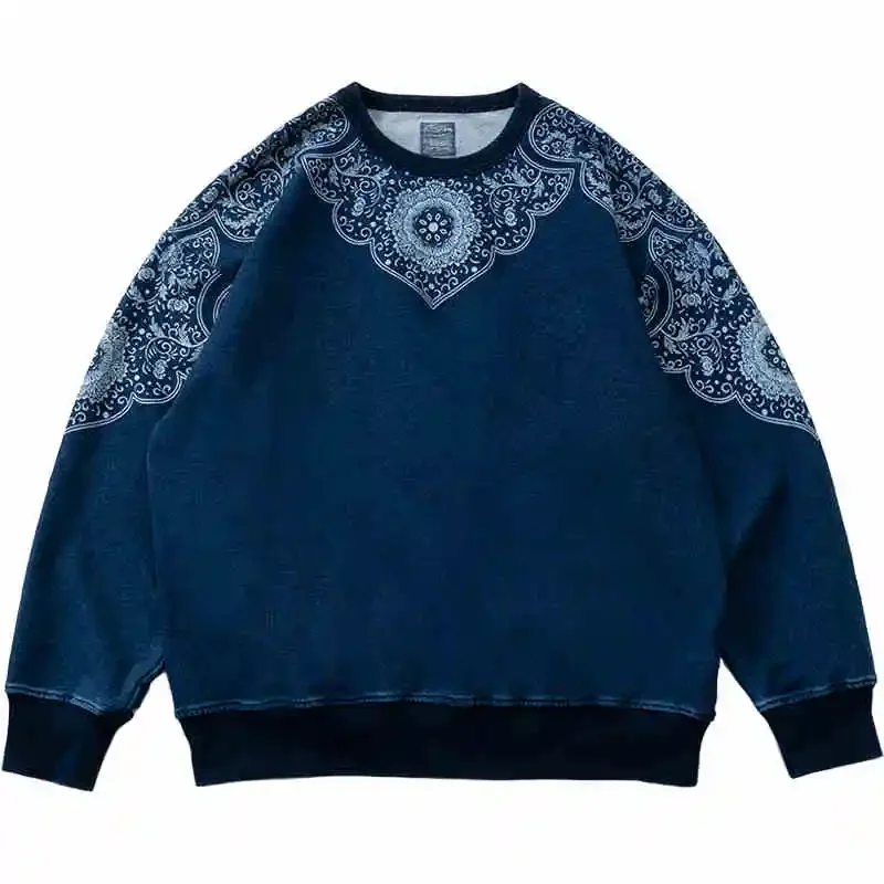 

Chinese Men's Indigo Washed Pullover Loose Ethnic Style Pullover Sweatshirt Autumn Top Men's and Women's Fashion