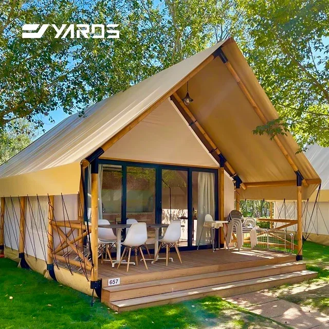 Outdoor Luxury Hotel Living Resort Custom Homes Wood Canvas Lodge Glamping Hut With Bathroom Safari Lodge Tents