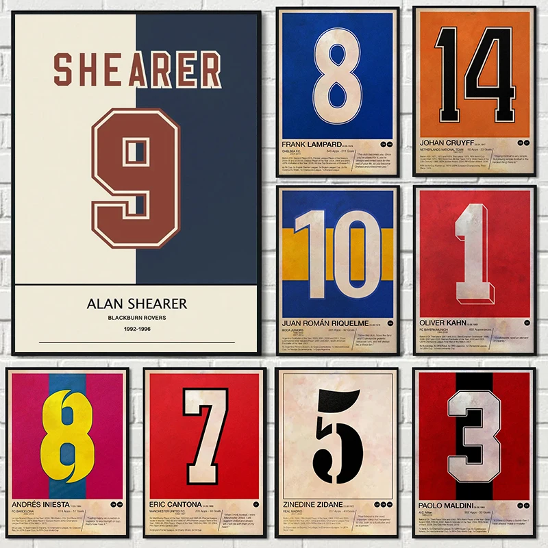 Vintage Famous Soccer Players Jersey Numbers Poster Sport Minimalist Canvas Printing Print Wall Art Picture for Home Room Decor