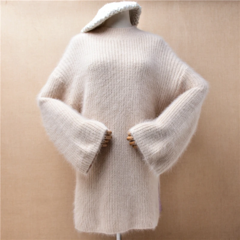 Female Women Fall Winter Clothing Hairy Angora Rabbit Hair Knitted Long Flare Sleeves Split Loose Pullover Jumper Sweater Pull