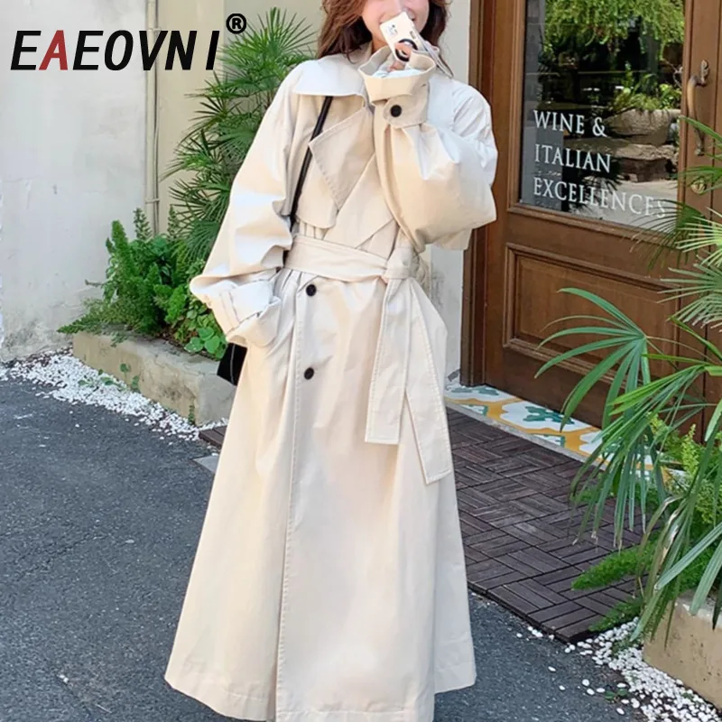 

EAEOVNI Fashion Solid Color Long Trench Coat Women Office Lady Button Belt Temperament Windbreaker 2025 Autumn New Clothing
