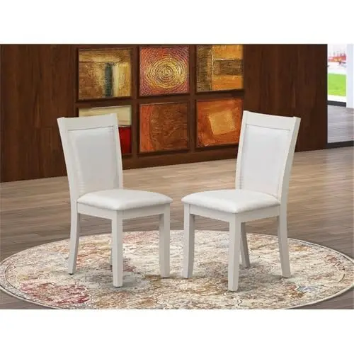 

Two White Wirebrushed Wood Parsons Dining Chairs With Cream Linen Upholstered Seats And Backs