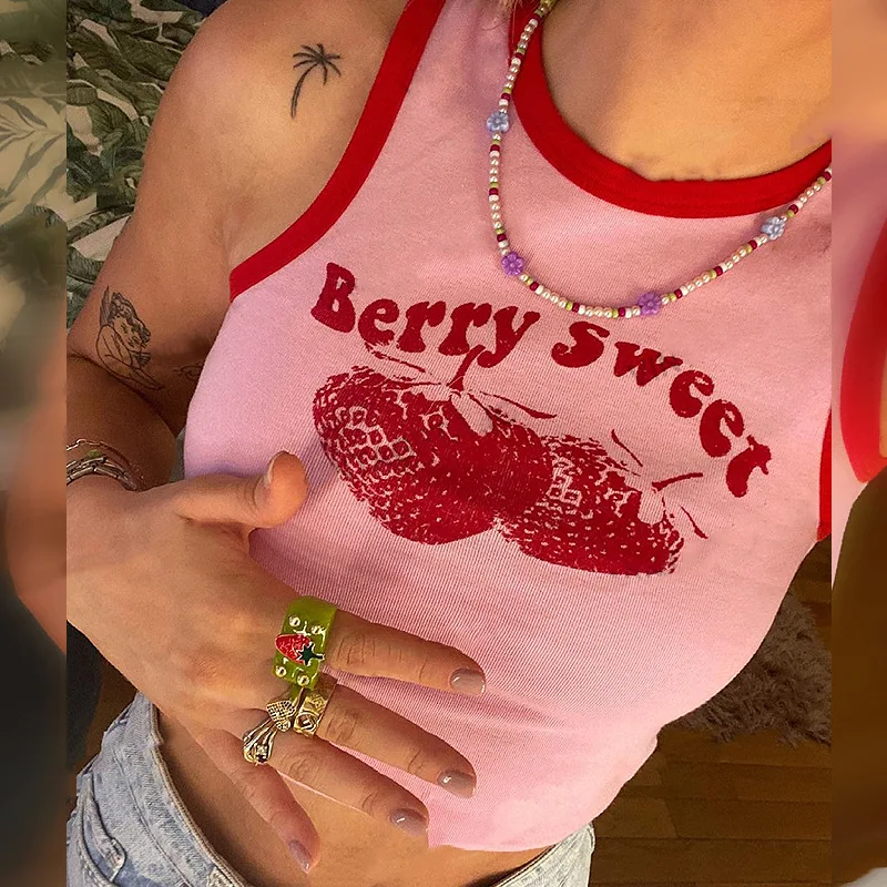 Instagram europeo y americano Retro Rosa fresa cintura alta Y2K Camiseta sin mangas corta en forma de I para mujer, chica picante ﻿