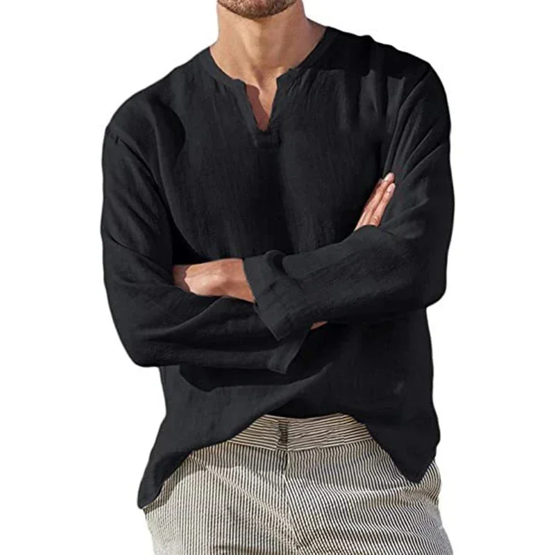 

2025 Linen Shirt Men Brief Breathable Solid Color Long Sleeve Harajuku Casual Blouse Hawaiian Shirt Oversize Tops S-5XL