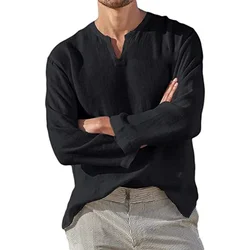 2026 Linen Shirt Men Brief Breathable Solid Color Long Sleeve Harajuku Casual Blouse Hawaiian Shirt Oversize Tops S-5XL