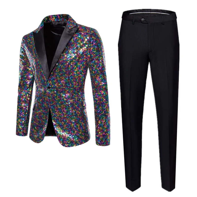 (Blazers + Pants) Fashion Luxury Men Dance Party Sequins Suit 2 Piece White / Silver / Navy Blue Singer Host Stage Dress Set