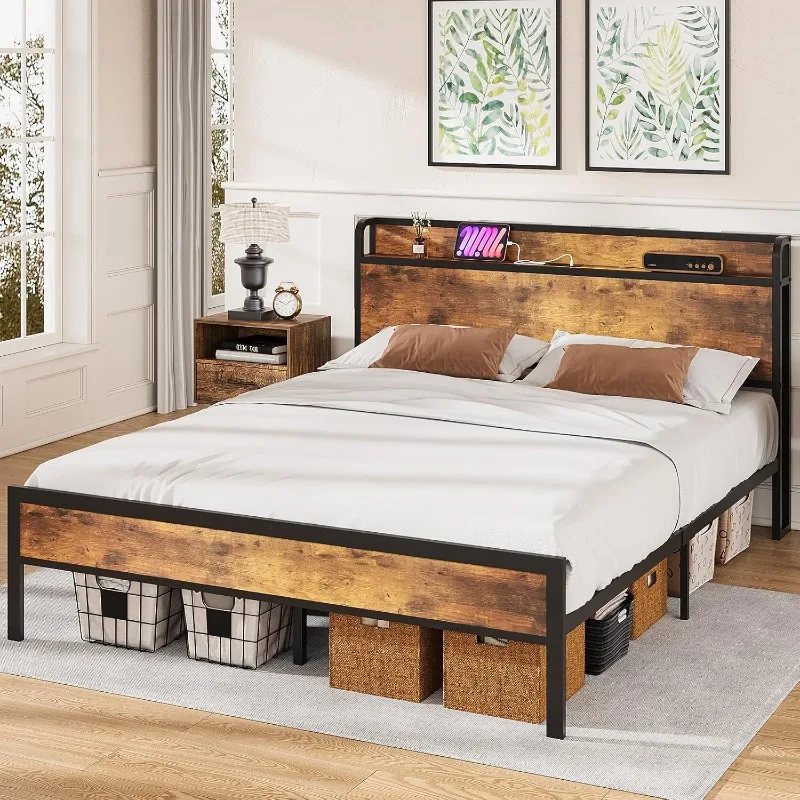 

Queen Size Bed Frame, Storage Headboard with Charging Station, Metal Wooden Platform, Noise Free, No Box Spring Needed