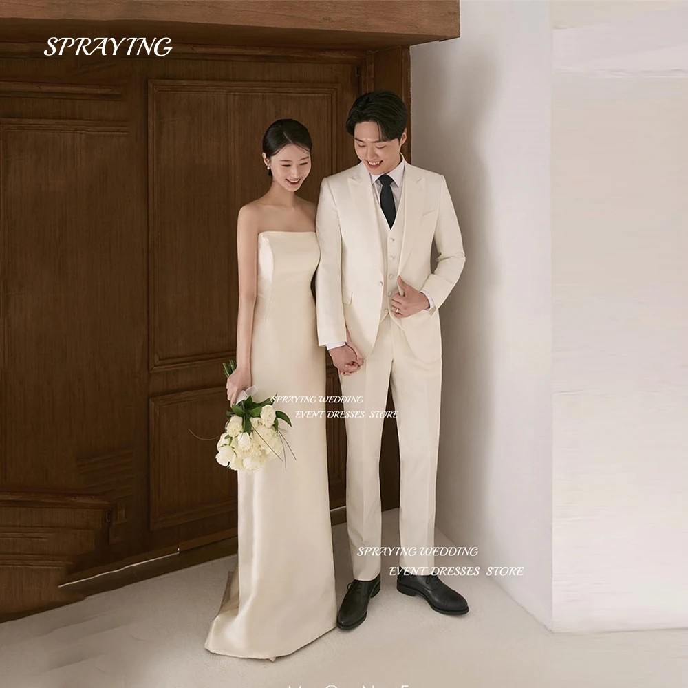 

SPRAYING Korea Strapless Wedding Dress Custom Made Formal Backless Satin Bride Dress Ivory Sheath 웨딩드레스 Wedding Gown Customized