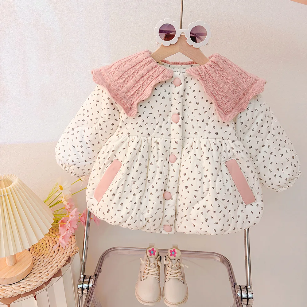 

Зимнее хлопковое пальто с воротником и бантом для девочек, детская куртка, детская теплая верхняя одежда, модный красивый кардиган с капюшоном и принтом