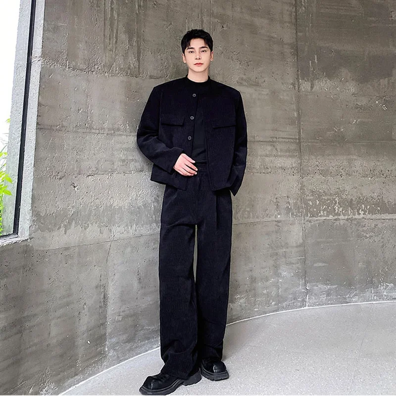 Men 2 Pieces Sets Corduroy Short Jacket Wide Leg Pant Suits Korean Streetwear Fashion Loose Casual Retro Coat Baggy Trousers