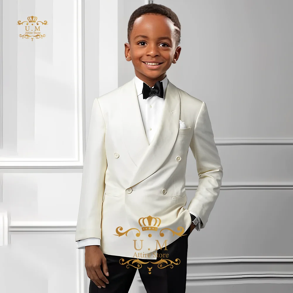 Ivory kids' suit 2-piece set shawl lapel double breasted jacket black pants custom boys' attire for prom birthday wedding party