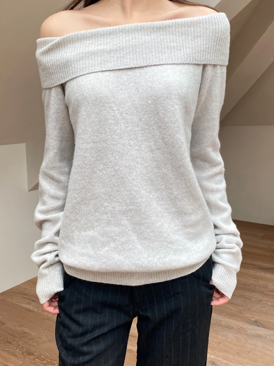 

Gray Slash Neck Long Sleeve Sweater Women Autumn Preppy Style Casual Simple Sweet Fashion Knitted Pullover Jumpers Y2k Tops New