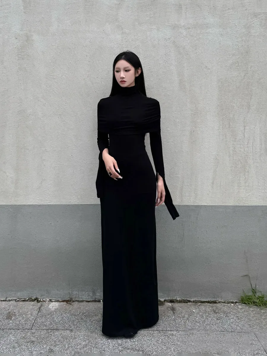 Sheep Wool Two Piece Women's Dresses Stretchy Skinny Cape Shawl Long Flutter Sleeve Deep u Neck Long Dress 2024 Winter New