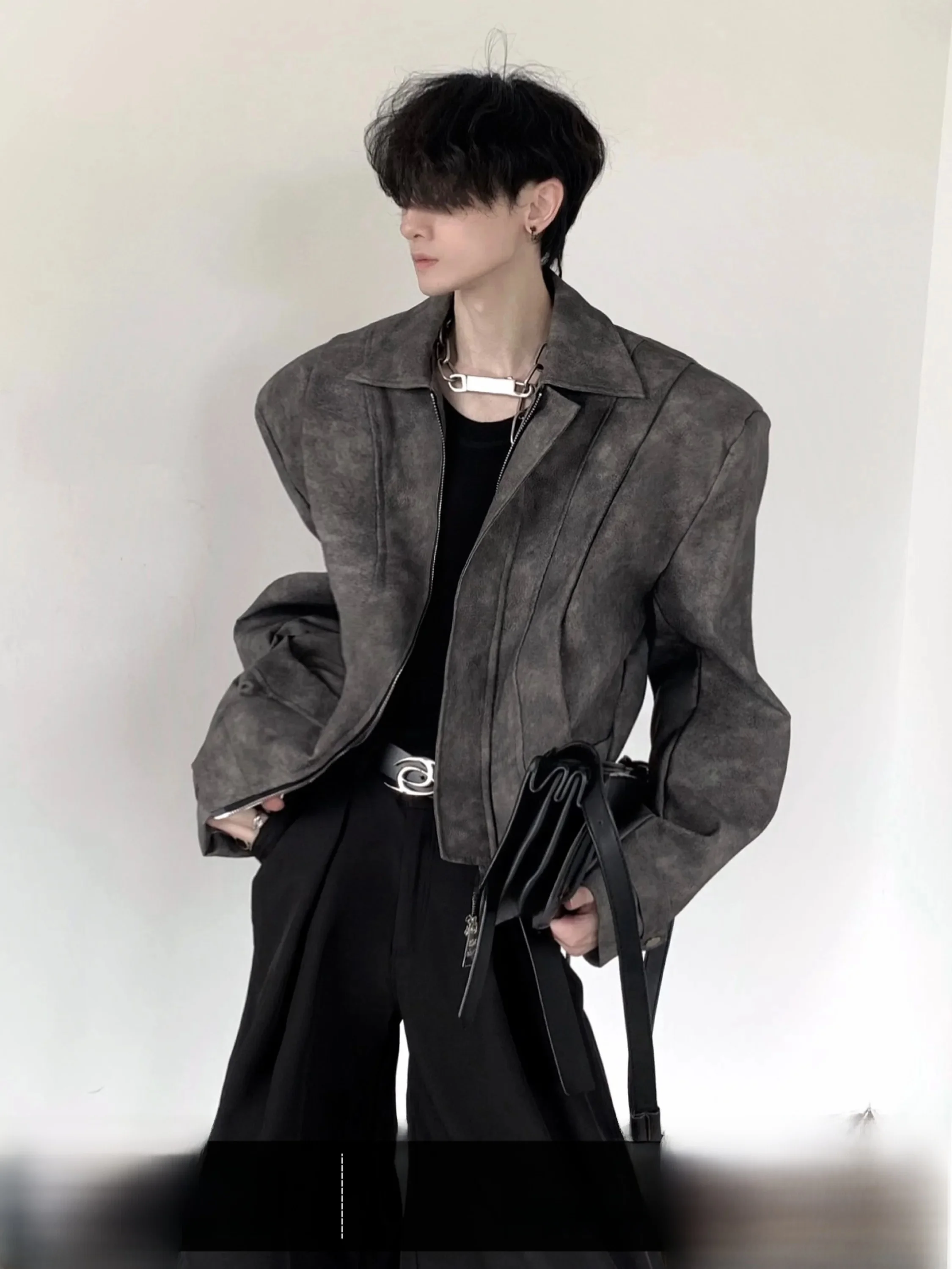 Fall Mountain Wind Retro Design Leather Jacket Men's Short Padded Shoulder Stylish Trendy Fashion Anti- Wind Metal Decorations