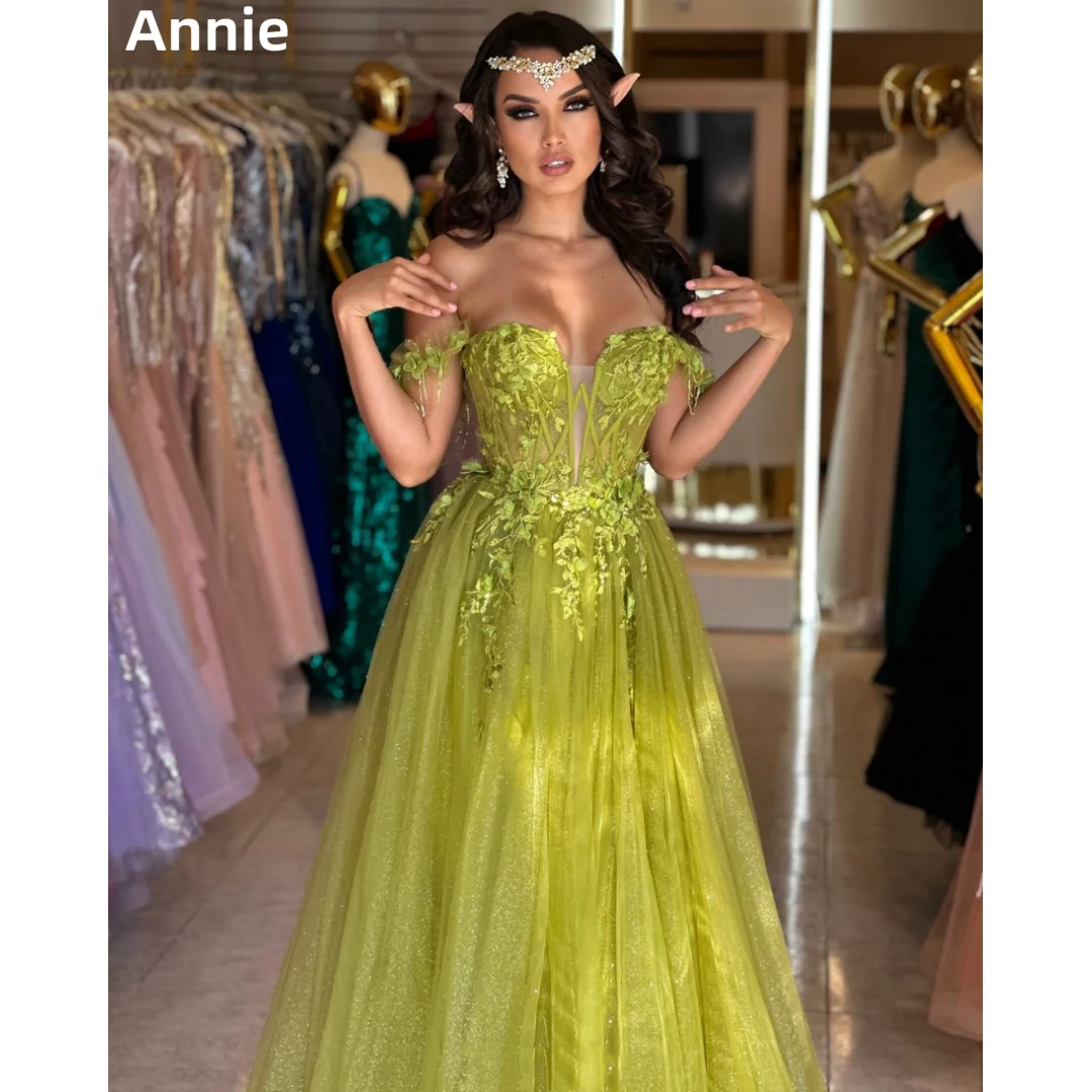 

Annie Off-shoulder Tulle Prom Dresses Embroidery Flowers EveningDresses Formal Occasions Side Slits Princess Wedding Party Dress