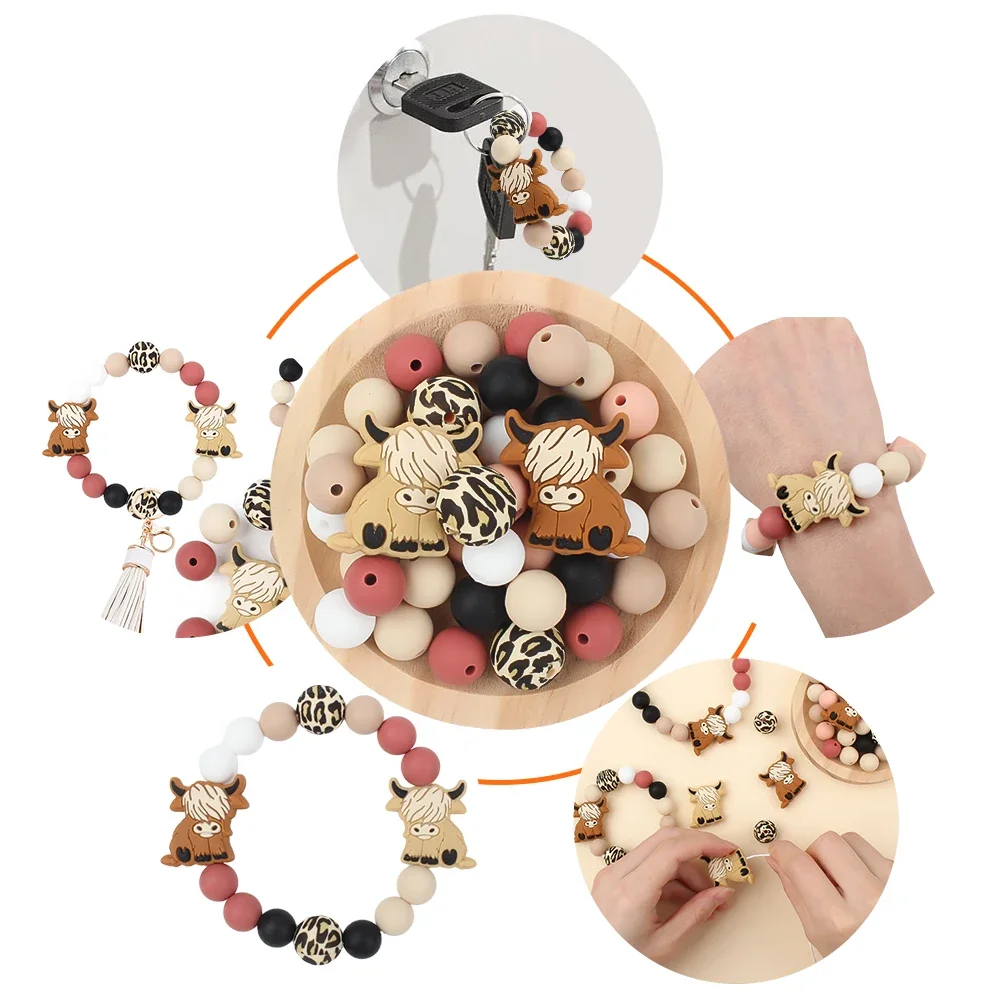 44Pcs/Set Silicone Beads Series Cow for DIY Necklace Toys Clips Jewelry Making KeyChain Pen Bracelet Accessories Silicone