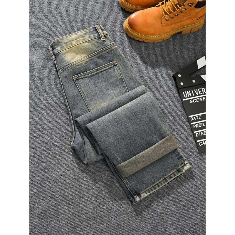 Jeans bonitos de rua para homens, retrô nostálgico, solto, tubo reto, remendo de piercing, feito de tecido jeans antigo, calças de pernas largas