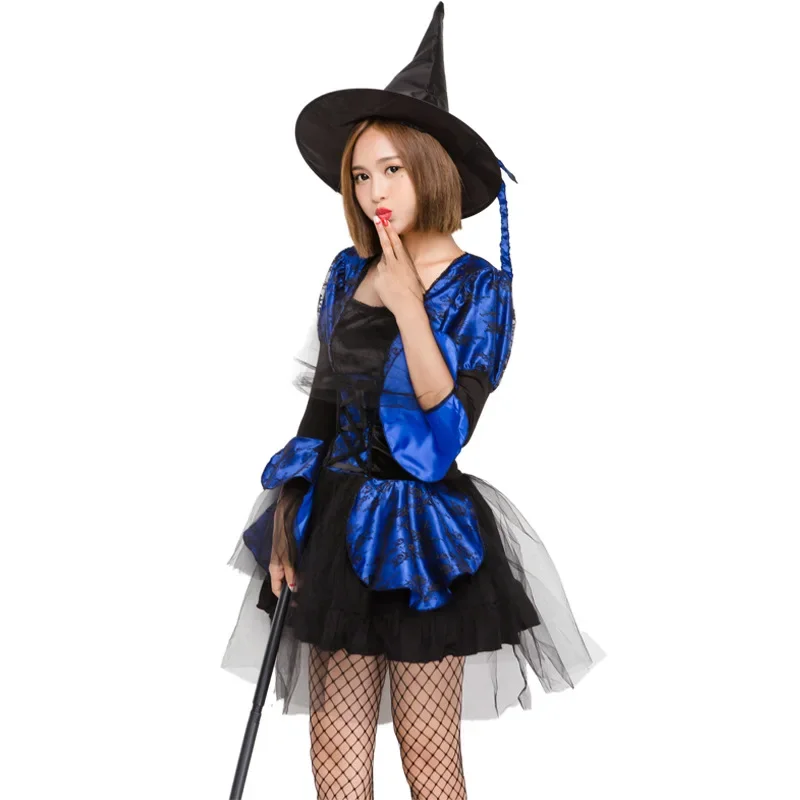 Fantasia-Disfraz de bruja con estampado azul y negro para mujer, traje de juego para fiesta de carnaval, Halloween, Purim