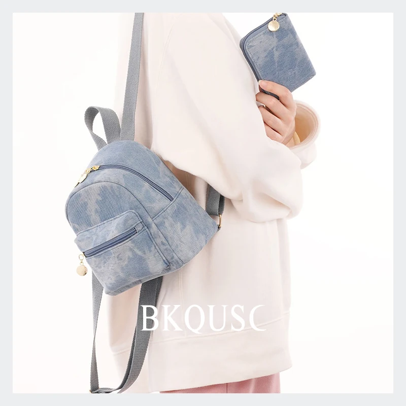 Women Fashion Washed Retro Student School Bag Mini Denim Backpack Ladies Daily Casual Bags Female Stylish Small College Backpack