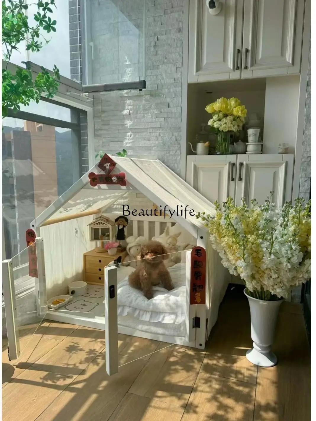 Dog House Indoor Pet Cat Nest Dog House Dog Pomeranian Four Seasons Villa  Crate Wood