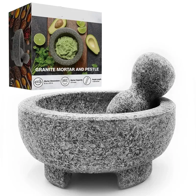 

Granite Mortar And Pestle Set Guacamole Bowl 8 Inch Natural Stone Grinder for Spices Seasonings Pastes Pestos and Guacamole