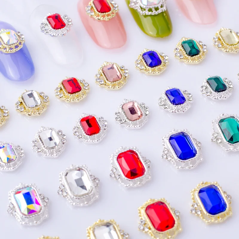 10pcs Luxury Nail Charms Jewelry Parts Flatback Nail Art Rhinestone Alloy Crystal Rectangle Gems Stones For Manicure Decoration