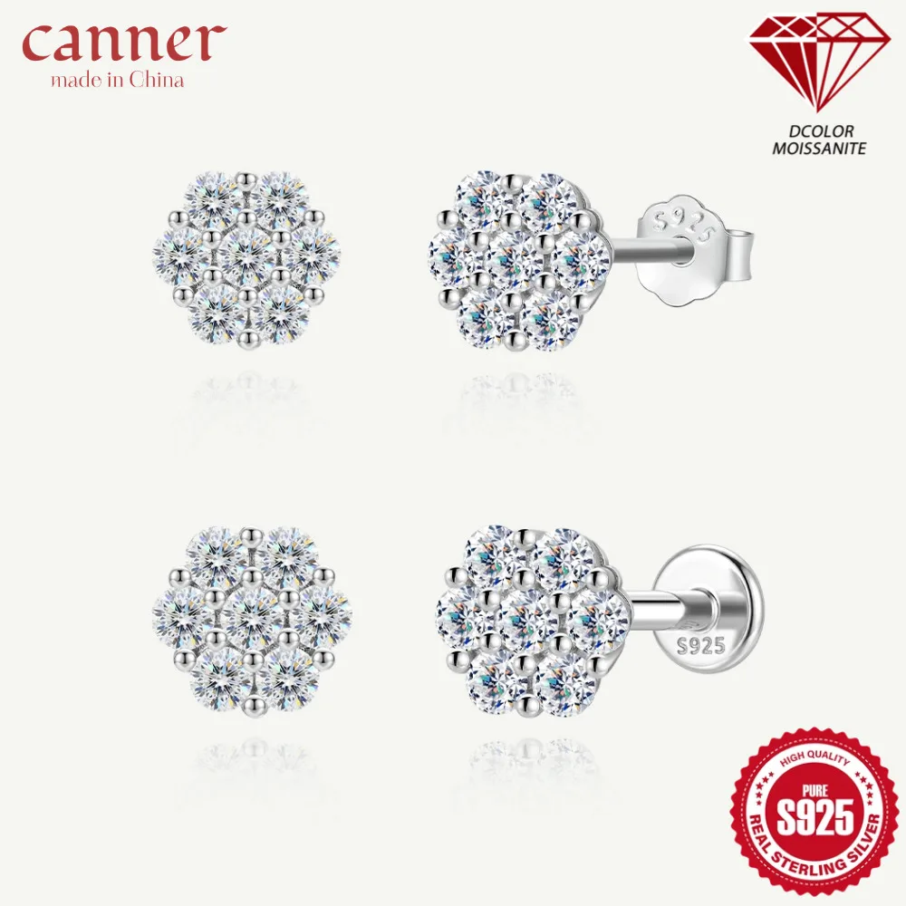 Canner 925 Sterling Silver Moissanite Flat Back Stud Earrings Multiple Sizes Minimalist Piercing Earrings Hypoallergenic Jewelry