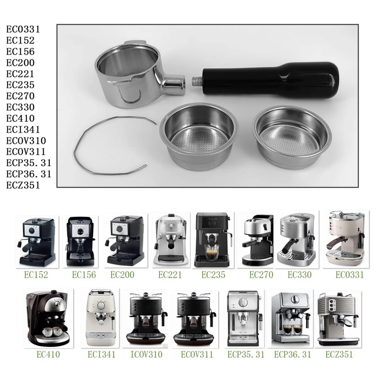 51mm Bottomless Portafilter with 2 Filter Baskets for Delonghi ECO310 / ECP35.31 / ECP3631 Bottomless Naked Portafilter