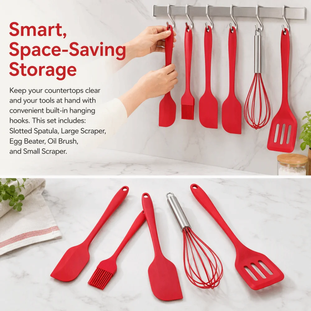 Silicone Kitchen Utensil Set Red Green Heat Resistant Baking Tool Set Non-Stick Surface Ergonomic Design Cooking Utensil Set