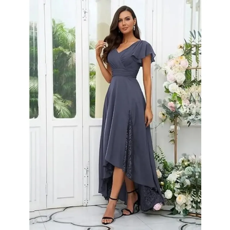 فساتين أم العروس بطول الشاي لحفلات الزفاف بأكمام مكشكشة من الشيفون فستان رسمي لوصيفة العروس #4