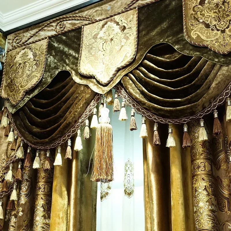 Gold Velvet Embroidery Stitching Thickened Shading Curtains for Living Room Bedroom Villa High-end Customized Products Valance