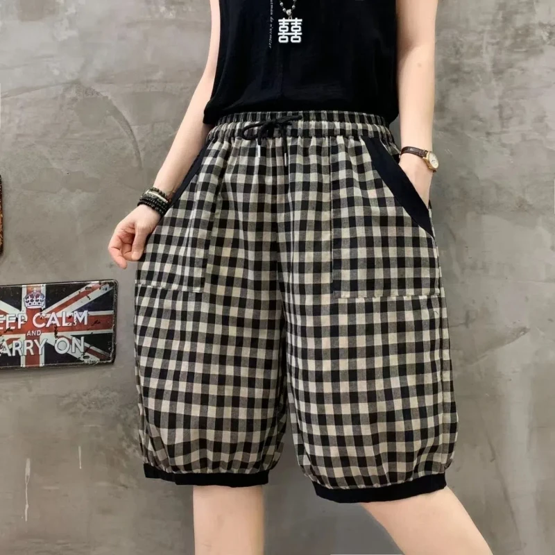 Korean All-match Elastic High Waisted Plaid Pockets Striped Contrasting Summer Women's Clothing Knee Length Bloomers Shorts