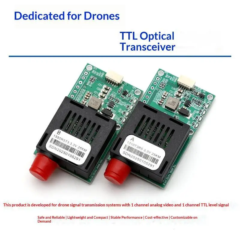 

TTL Optical Transceiver Module For Drone FPV 5.5-26V FC Port TTL To Fiber Optic Converter 25/40/60/80100KM