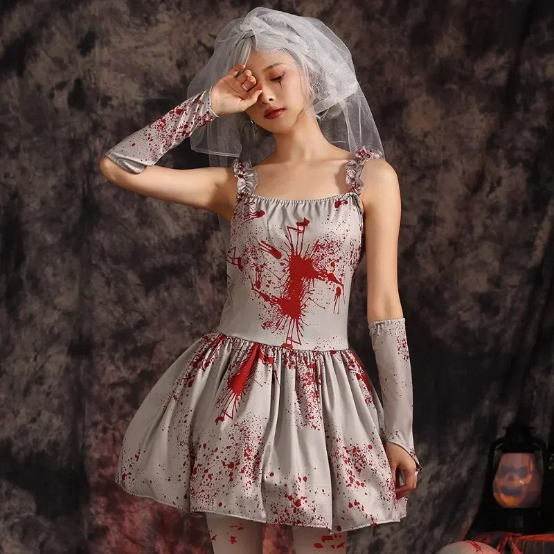 Costume de mariée zombie sanglant effrayant pour enfants, robe de paupières d'Halloween pour adolescents, nouveau style, mascotte Tim ade, horreur, enfants, filles