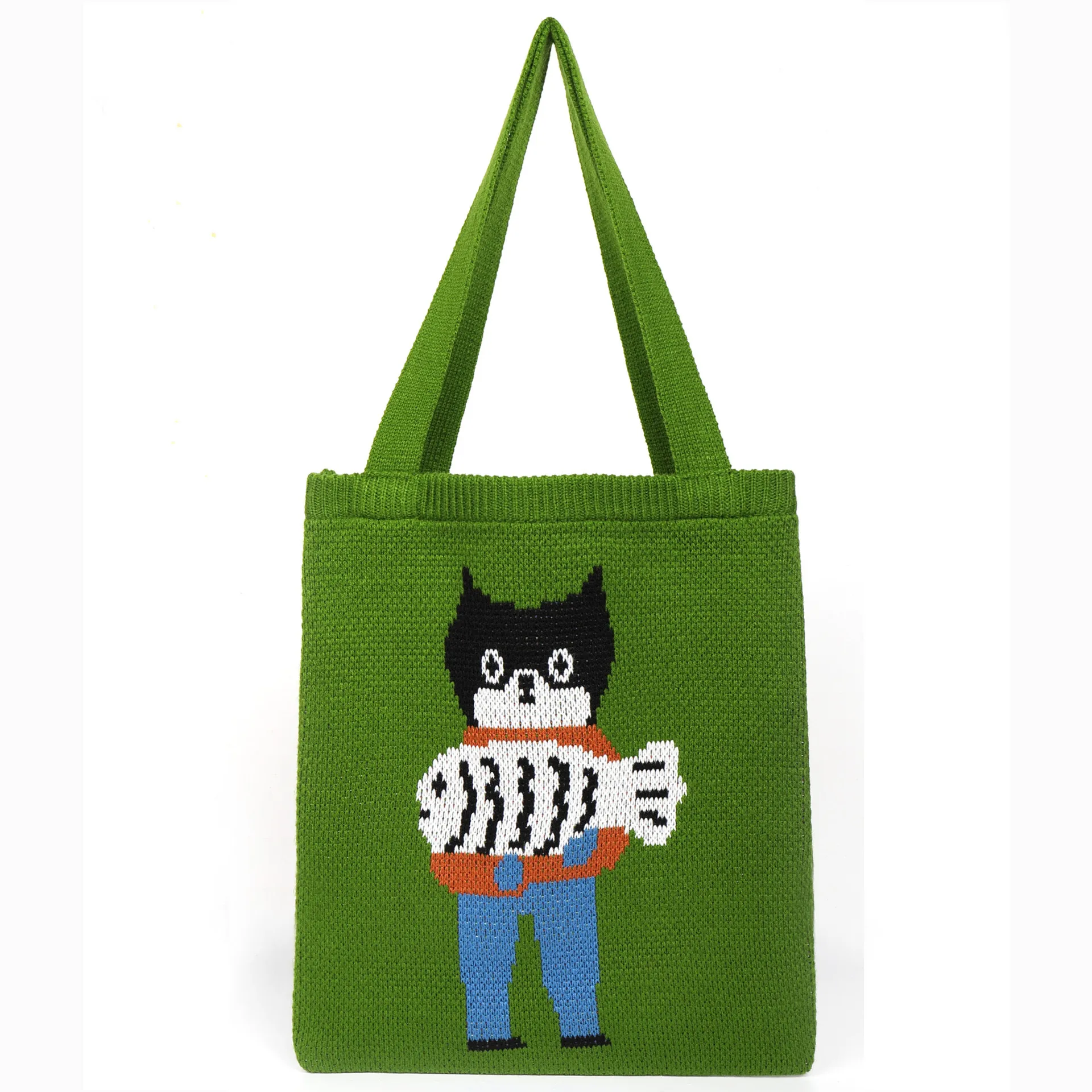 Fashion Crochet Kawaii Cute Top-handle Tote Bag stylish Big Capacity Jacquard Cat Pattern Soft Knitted Purse Pouch Shopping Bag