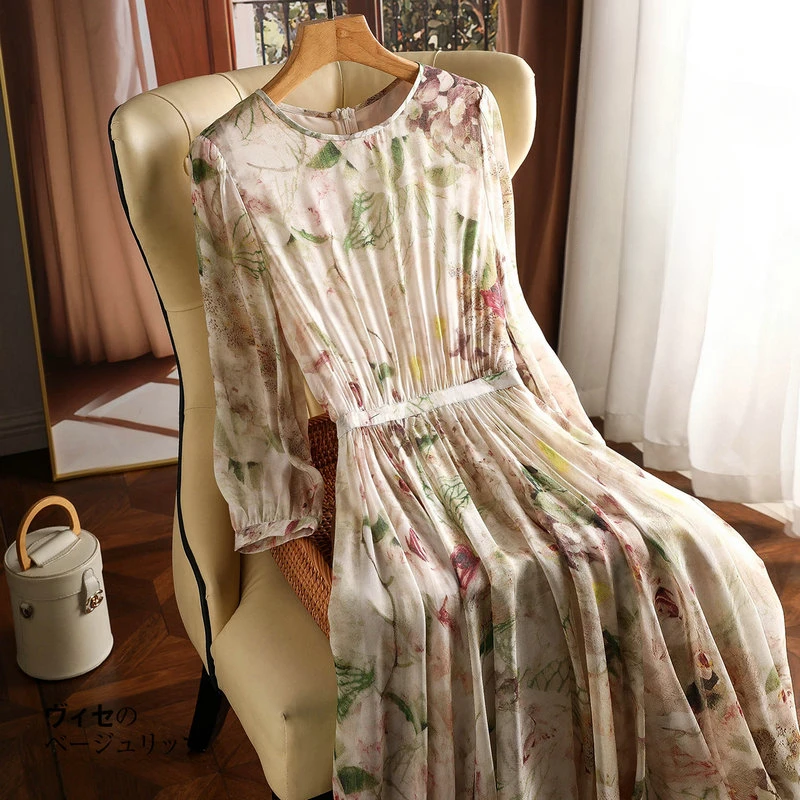 Silk Print Dresses for Women, Satin Short Sleeves, Loose Summer Casual Floral Empire Dress, Ladies O-Neck Clothing, Ne