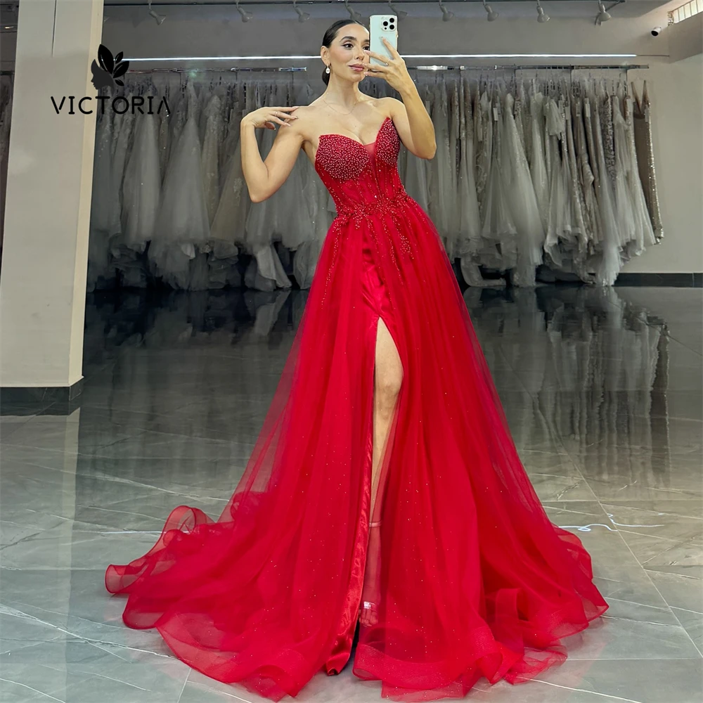 

Enchanting Sweetheart Red Dubai Evening Dresses Split Beads Applique Christmas Party Gown Formal Occasion Dress Customized