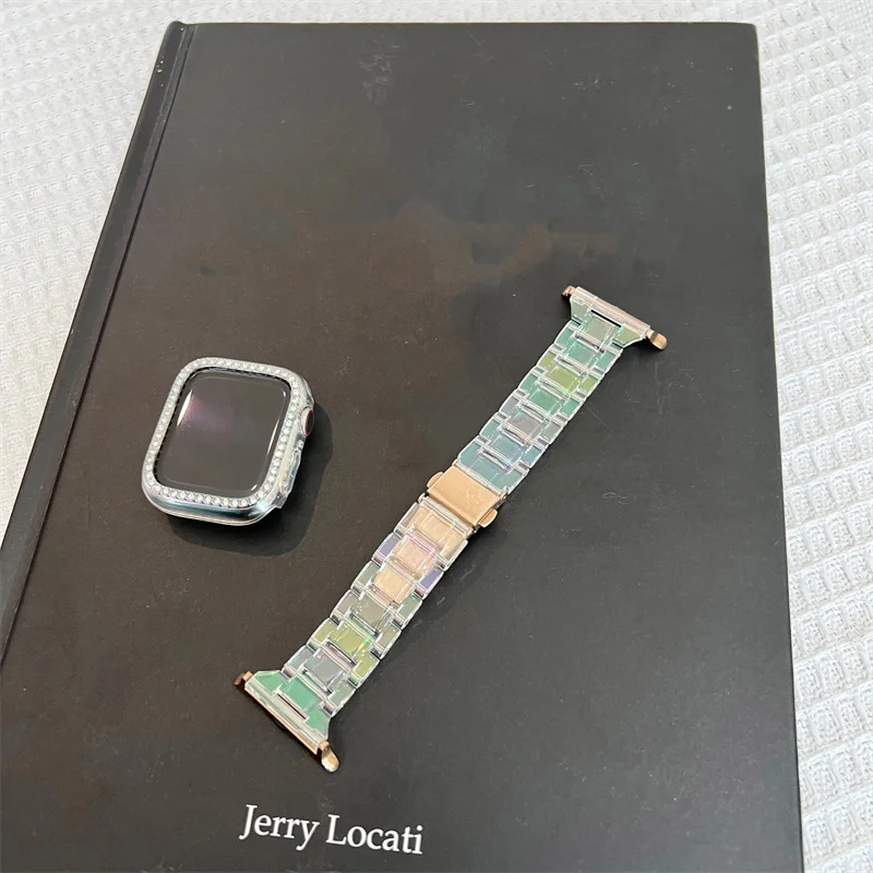 Rainbow Laser Transparent Band+Case For Apple Watch 7 41mm 45mm 38 40 42 44mm Glacier Strap Women Bracelet For iWatch 7 6 5 4 3