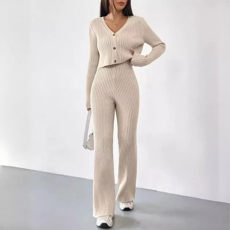 

Women's Knitted Pants Sets Solid Color Short Cardigan Coat High Waist Slim Trousers Two Piece Set Temperament Elegant Female