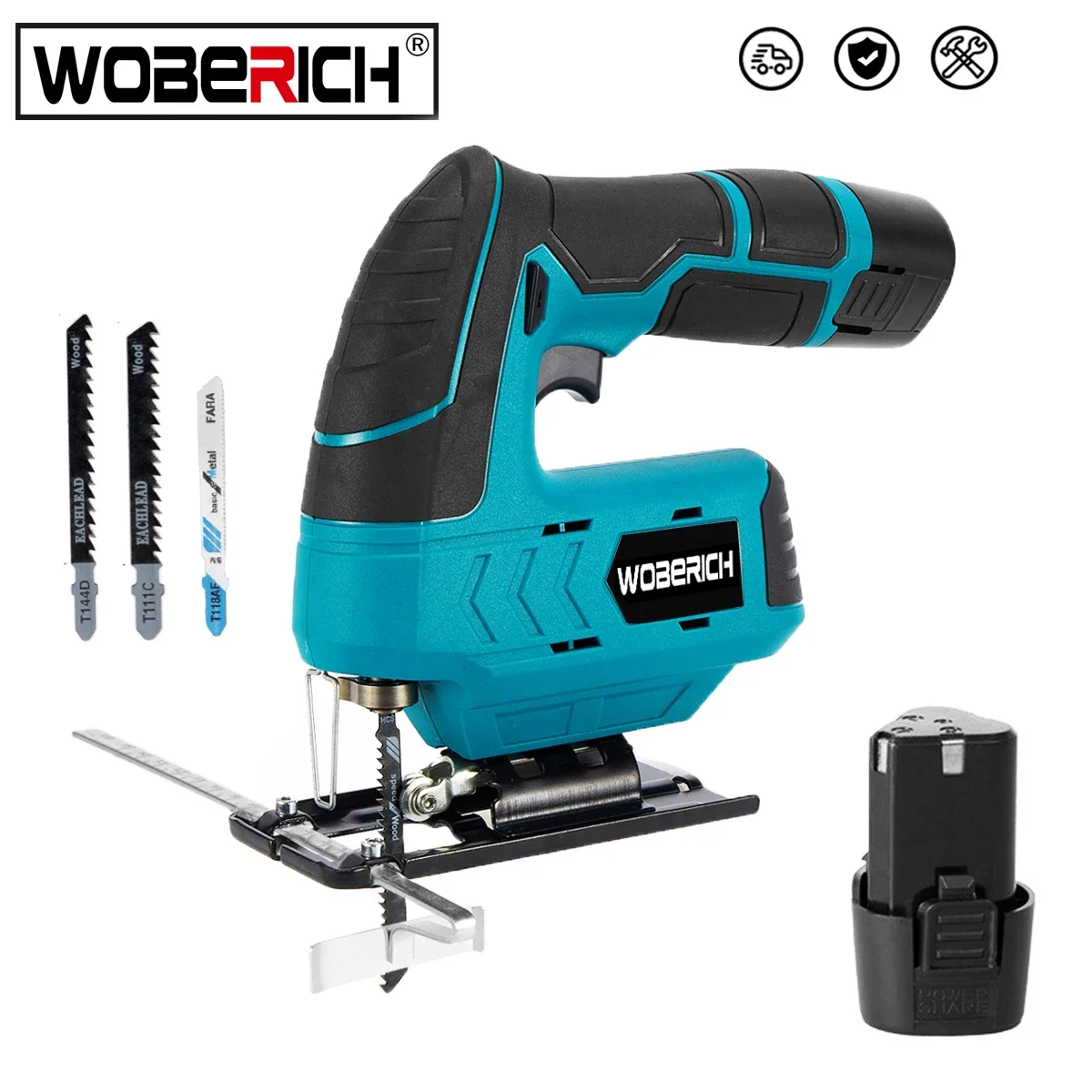 WOBERICH 12V 5600RPM Cordless Jig Saw Electric Jigsaw Speed Adjustable Portable Woodworking Power Tool 45 Degree Tilt Angle