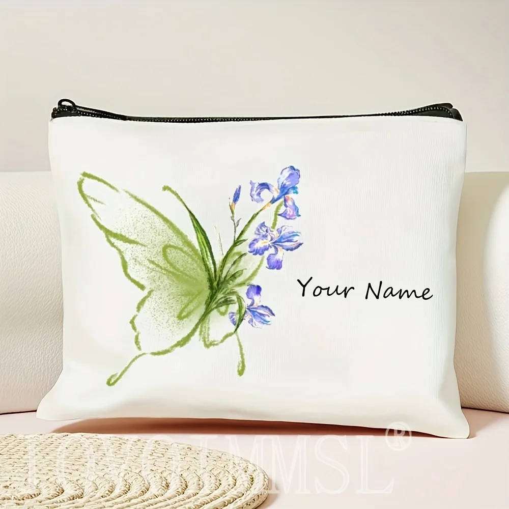 Pochette pour femme personnalisable avec nom ou phrase, motif floral vert et violet, papillon, pochette cosmétique, cadeaux d'appréciation