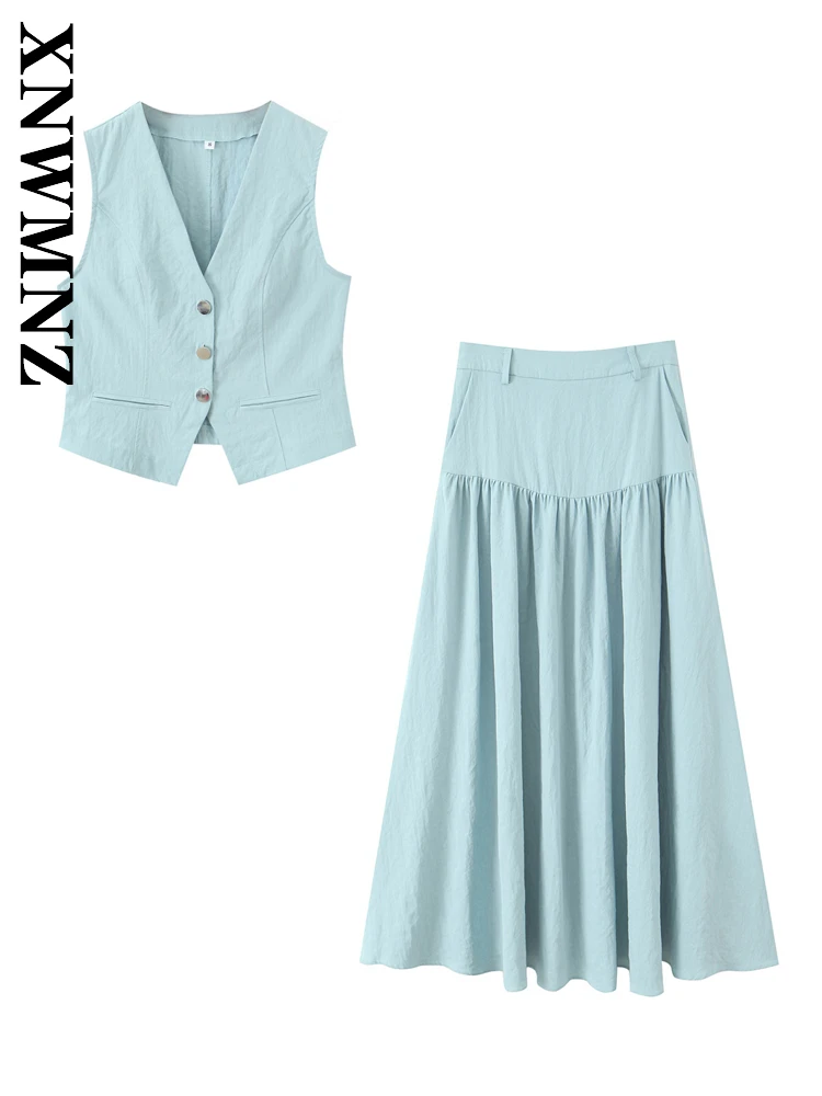 XNWMNZ 2025 夏の新製品女性服ファッションカジュアル V 襟ノースリーブミディ A ラインスカートシンプルシックな女性スリーピース