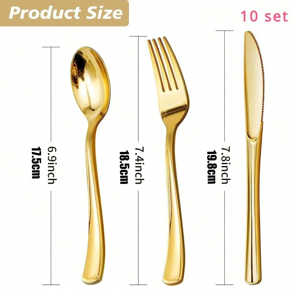 مجموعة أدوات مائدة بلاستيكية ذهبية مكونة من 30 قطعة تتضمن 10 شوك ذهبية و10 ملاعق و10 سكاكين زفاف وأدوات مائدة بلاستيكية للحفلات قابلة للغسل #2