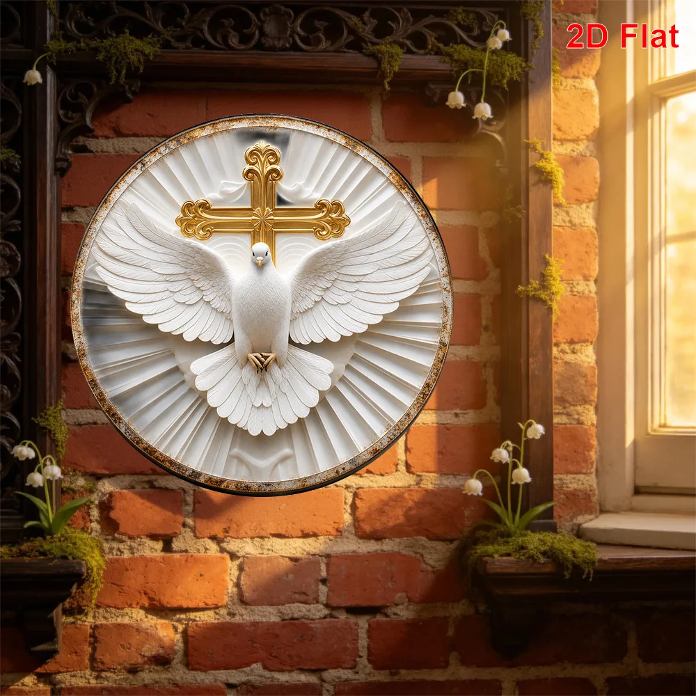 2D Flat One Holy Spirit Dove Cross Pattern Metal Aluminum Skin Sign Round Decorative Painting, Size (7.87 Inches X 7.87 Inches /