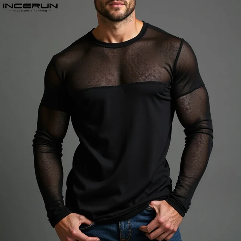 INCERUN Stylish Sexy Men's Clothing Thin Mesh Design T-shirt Leisure Party Shows Male All-match Long Sleeved Camiseta S-5XL 2024