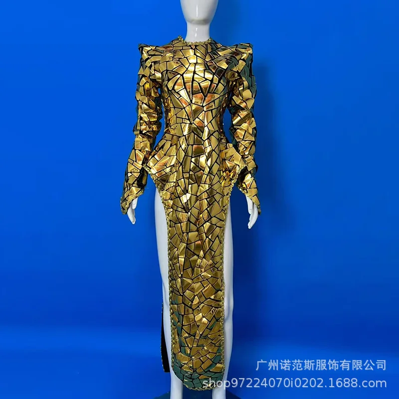 Robe de luxe à paillettes dorées, jupe Sexy à fourche haute, réunion annuelle, atmosphère digne, robe d'hôte, modèle Catwalk Chic, robes à paillettes